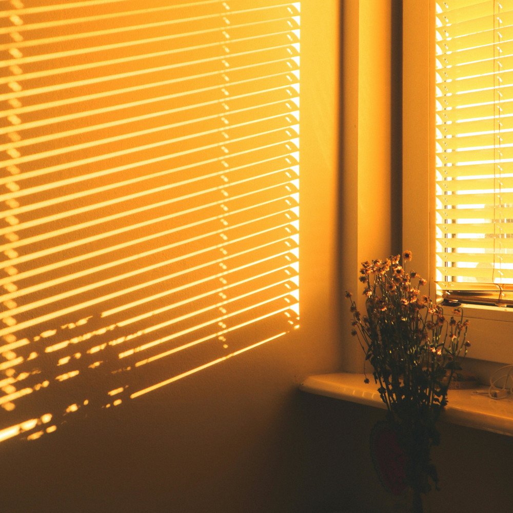 Warm yellow sunlight casting dramatic horizontal shadows through window blinds onto a wall next to a bouquet of dried flowers.