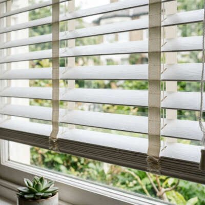 Close-up of white faux wood Venetian blinds with decorative cream fabric tapes on a bay window overlooking a garden.