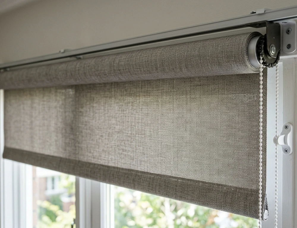 Light brown roller blinds.