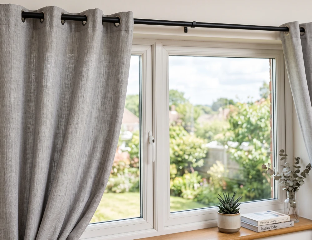 Close-up shot of modern grey textured eyelet curtains hanging on a black rod over a window looking out onto a green garden.