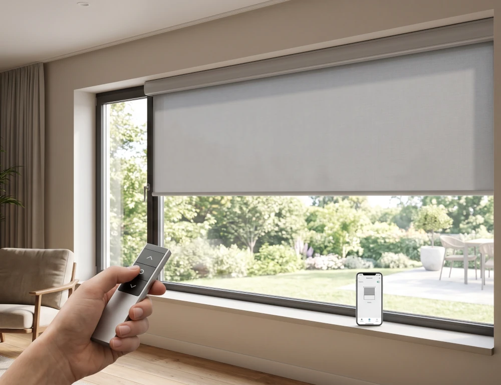 A contemporary living room window featuring motorised roller blinds, controlled by a remote hand and a smart home app.
