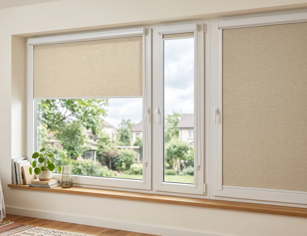 Light beige roller blinds partially drawn on a large white-framed window in a modern living room.
