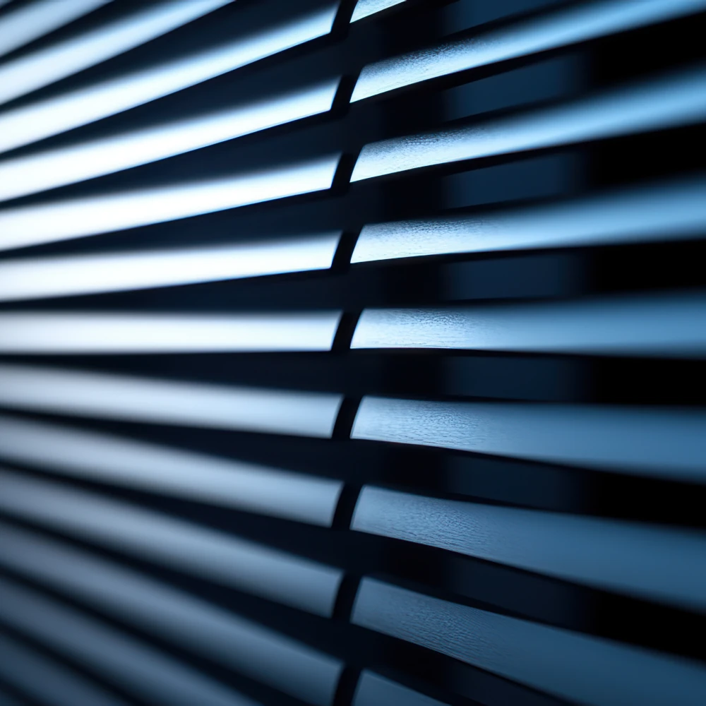 Modern Blue Venetian Blinds Abstract Pattern Close-up abstract view of modern blue venetian blinds creating a rhythmic, striped pattern with dramatic lighting.