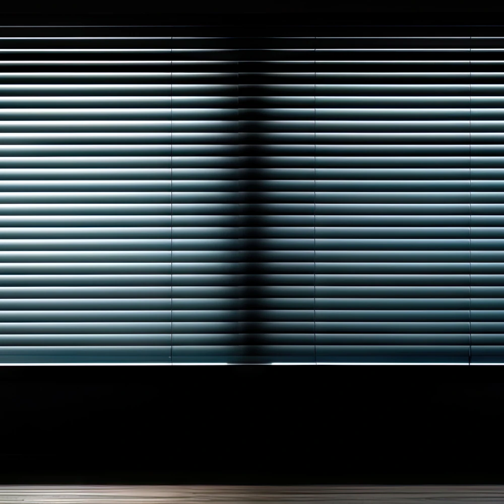 Covered Window with Closed Blinds A covered window with closed blinds blocking out light in a dark, moody room.