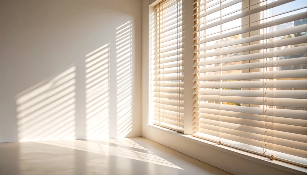 Interior Sunlight Casting Shadows Through Window Blinds Modern white window blinds casting dramatic slatted sunlight shadows across a clean white wall and floor inside a bright room.