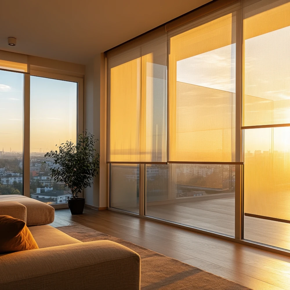Modern Living Room with Sunset View Warm golden sunset light filtering through sheer roller blinds in a modern luxury living room overlooking the city skyline.