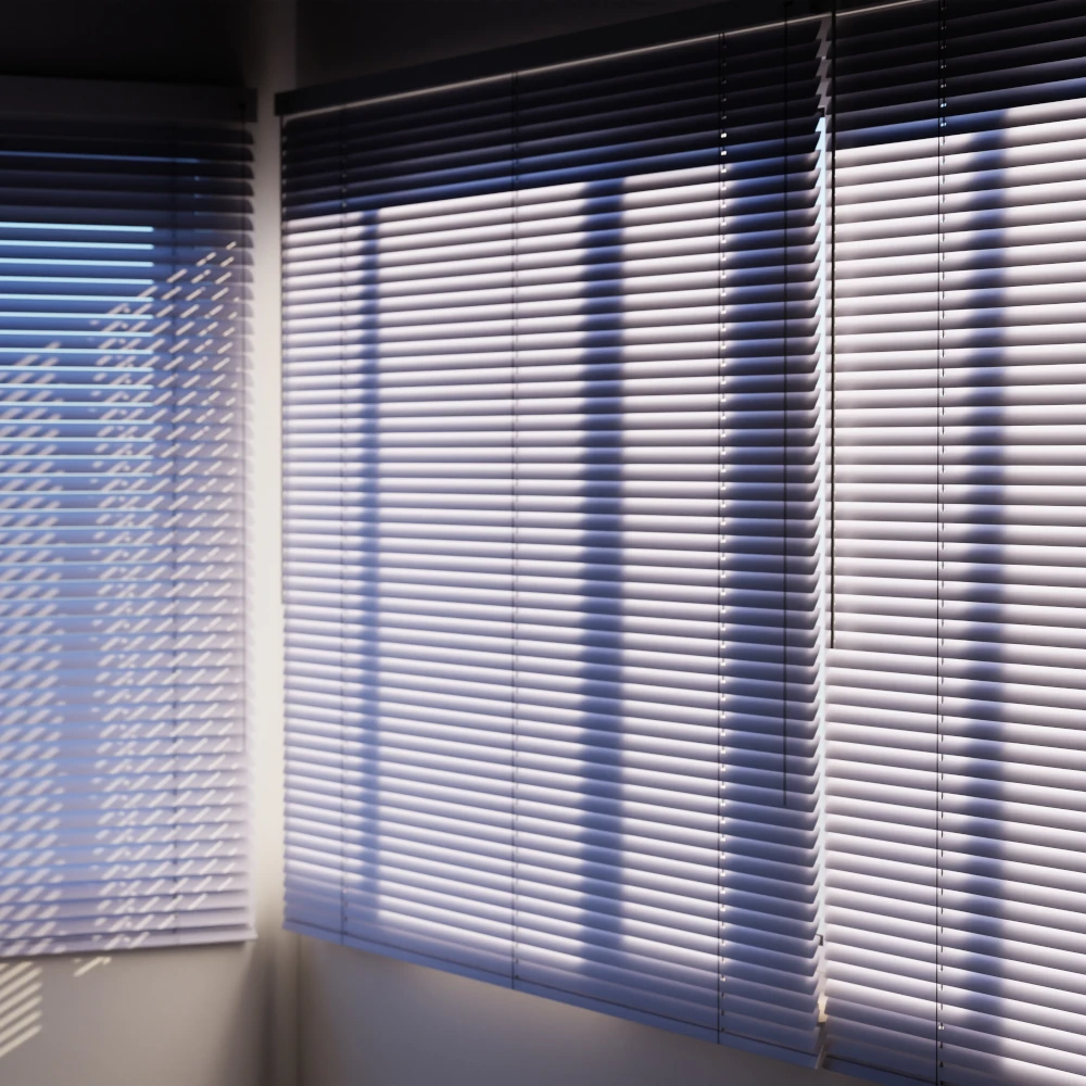White Venetian Blinds with Sunlight White venetian blinds on large windows with warm sunlight filtering through and casting shadows on the wall.